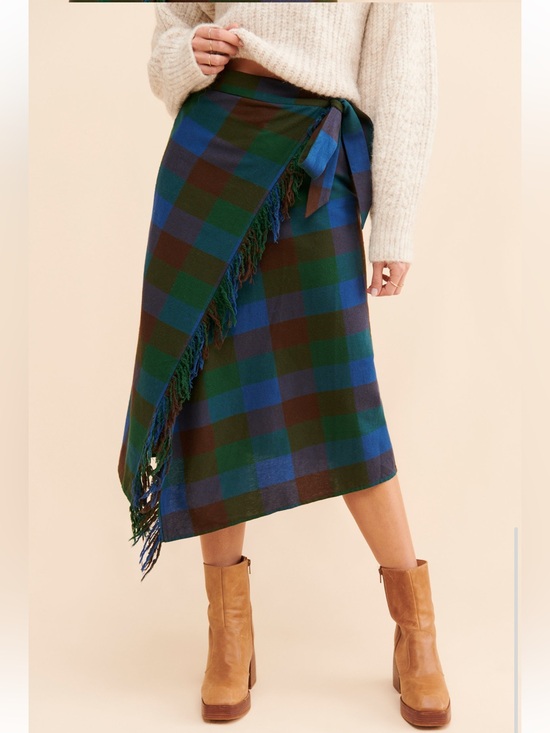 Anthropologie Dresses & Skirts - Anthropologie Mare Mare Fringed Wool Plaid Tie Waist Wrap Green Midi Skirt M